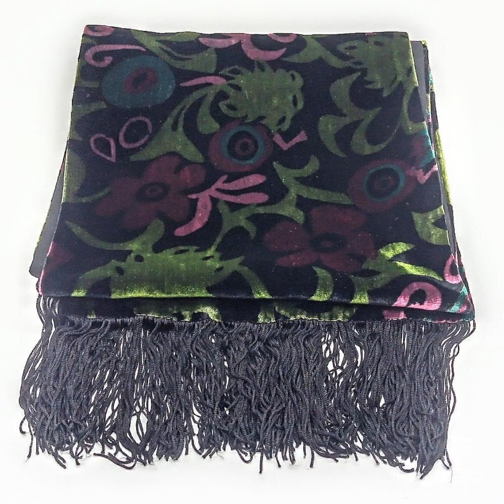Swee Lo Black Multicolor Velvet Silk Blend Fringed Oblong Scarf